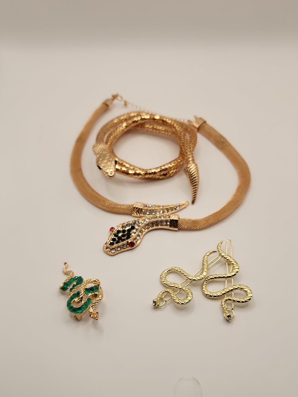 Halloween Gold Snake Jewelry Set - Gold Tone Necklace, Hair Pins and Earrings